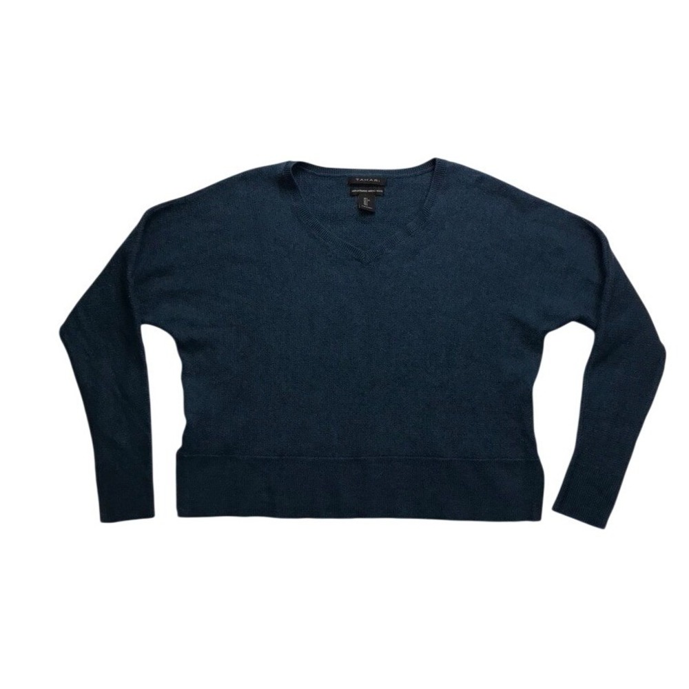 Tahari Womens Teal Blue 100% Extrafine Merino Wool V-Neck Sweater Size Large L
